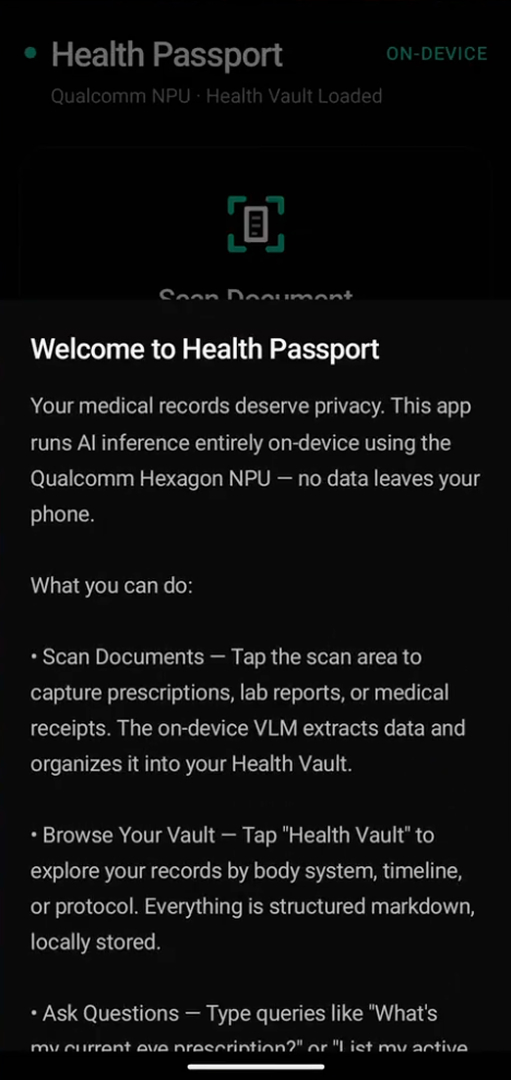 Health Passport — on-device AI welcome screen