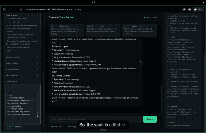 Care Router agent routing a clinical query to the right specialist in real time